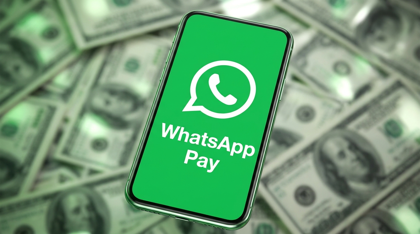 Tela de um celular com o logo do WhatsApp Pay em um fundo de notas de dinheiro, representando a facilidade de receber e vender pelo WhatsApp usando a função de pagamentos.
