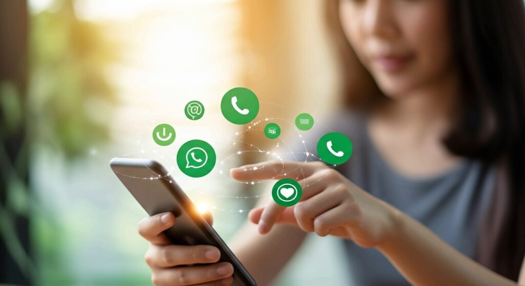 Mão segurando um celular com vários ícones circulares verdes de comunicação (WhatsApp, telefone, coração) flutuando acima, simbolizando as diversas formas de interagir e vender pelo WhatsApp.