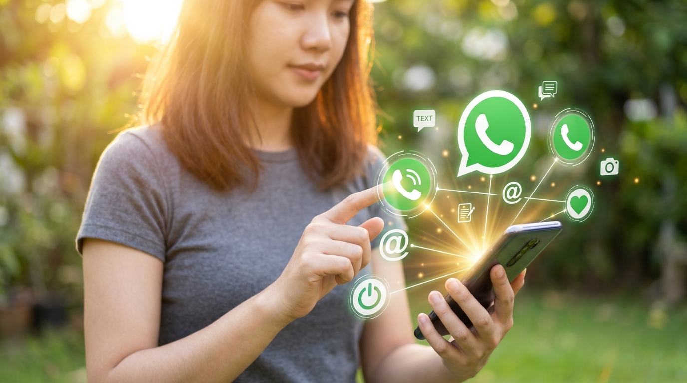 Mão segurando um celular com vários ícones circulares verdes de comunicação (WhatsApp, telefone, coração) flutuando acima, simbolizando as diversas formas de interagir e vender pelo WhatsApp.