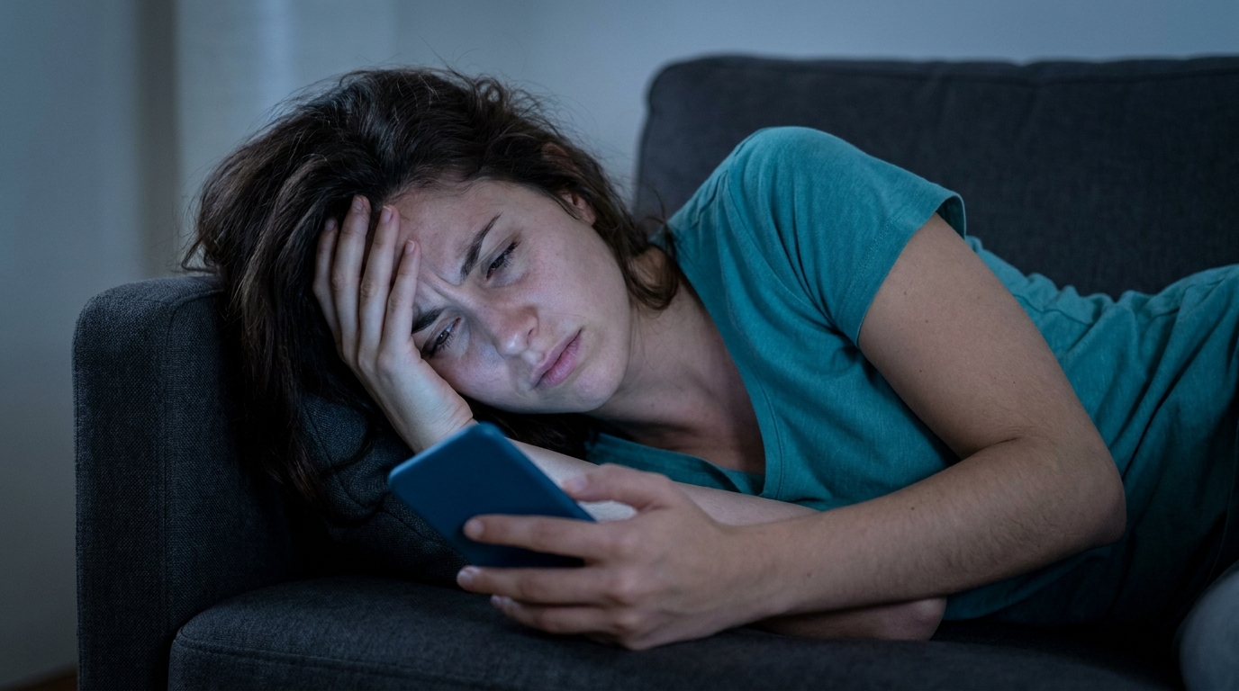 Jovem usuária com expressão de frustração ou preocupação olhando para um smartphone, ilustrando os desafios de quem está tentando vender pelo WhatsApp sem a estratégia correta.