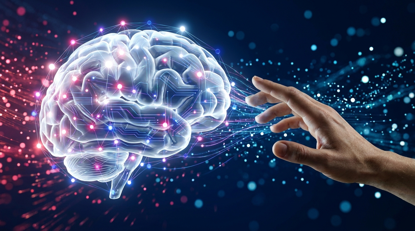 Como Vender Produtos de Ticket Alto com Estratégias Digitais 3 Um cérebro humano digital iluminado por conexões neurais e luzes azuis, com um dedo prestes a tocá-lo, representando o neuromarketing aplicado à venda de produtos de ticket alto.