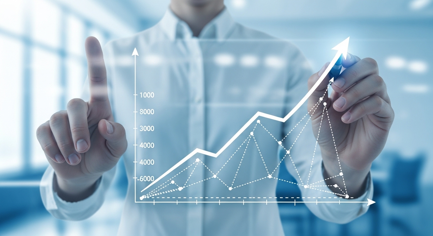 Uma pessoa vestindo camisa branca desenha um gráfico de crescimento ascendente em uma tela transparente, ilustrando o aumento de faturamento ao implementar produtos de ticket alto.