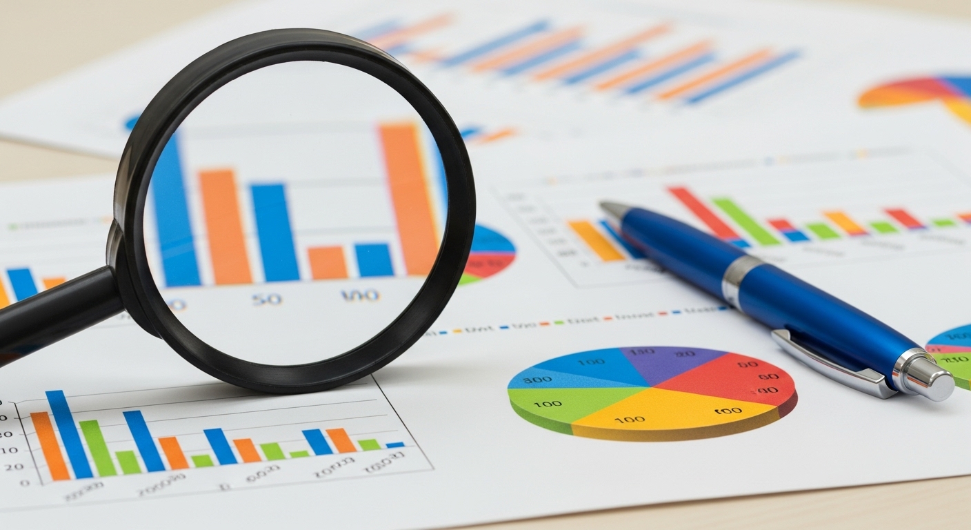 Uma lupa foca em gráficos de barras coloridos sobre uma mesa, ao lado de um gráfico de pizza e uma caneta azul, representando a análise de métricas e conversão de produtos de ticket alto.