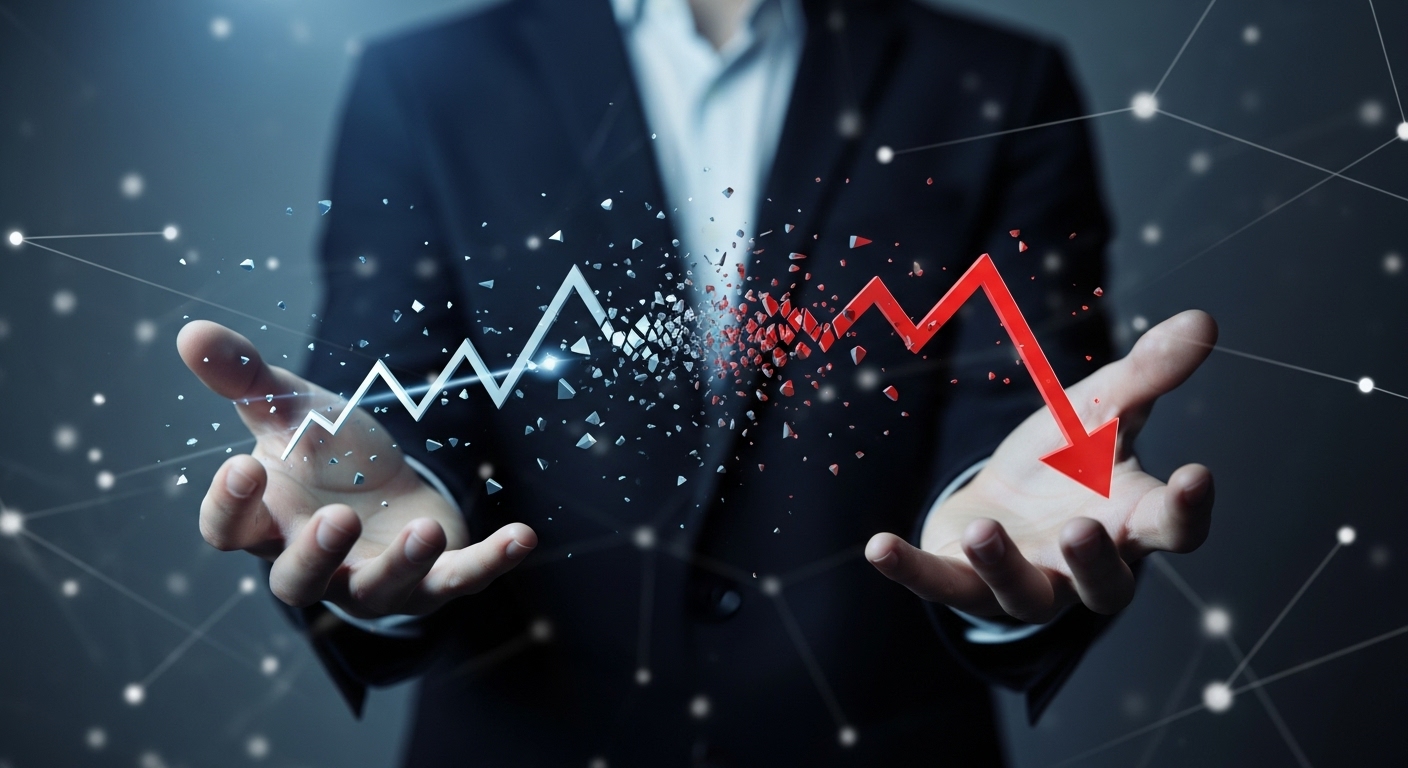 Um empresário segura gráficos de linha que se quebram no centro, com uma seta vermelha para baixo e uma branca para cima, simbolizando a transição de perdas para lucros com produtos de ticket alto.