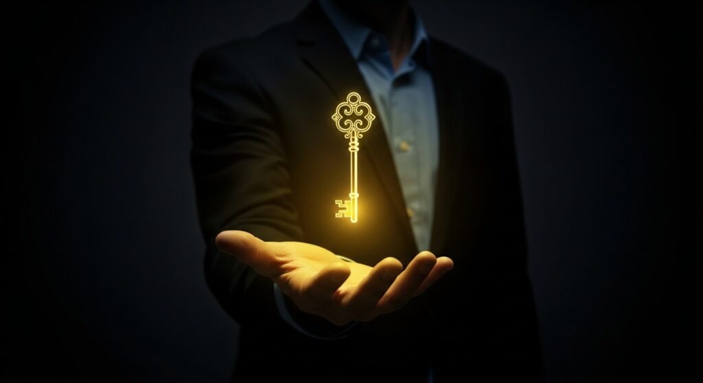 Uma mão masculina em traje social sustenta uma chave dourada brilhante que flutua no ar, representando o segredo ou a solução definitiva para o sucesso com produtos de ticket alto.