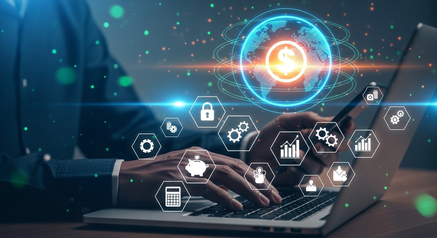 Mãos operando um notebook com ícones flutuantes de engrenagens, segurança, cifrão e um globo terrestre, simbolizando a infraestrutura digital necessária para vender produtos de ticket alto globalmente.